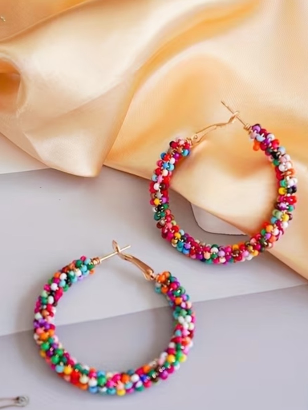 New Colorful Beaded Hoop Earrings - Multicolor